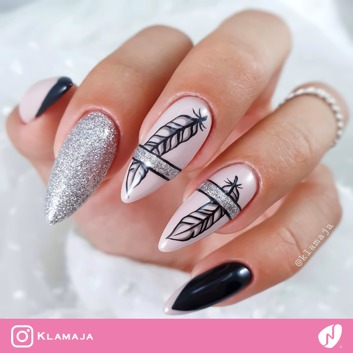 Black and Silver Feather Nails